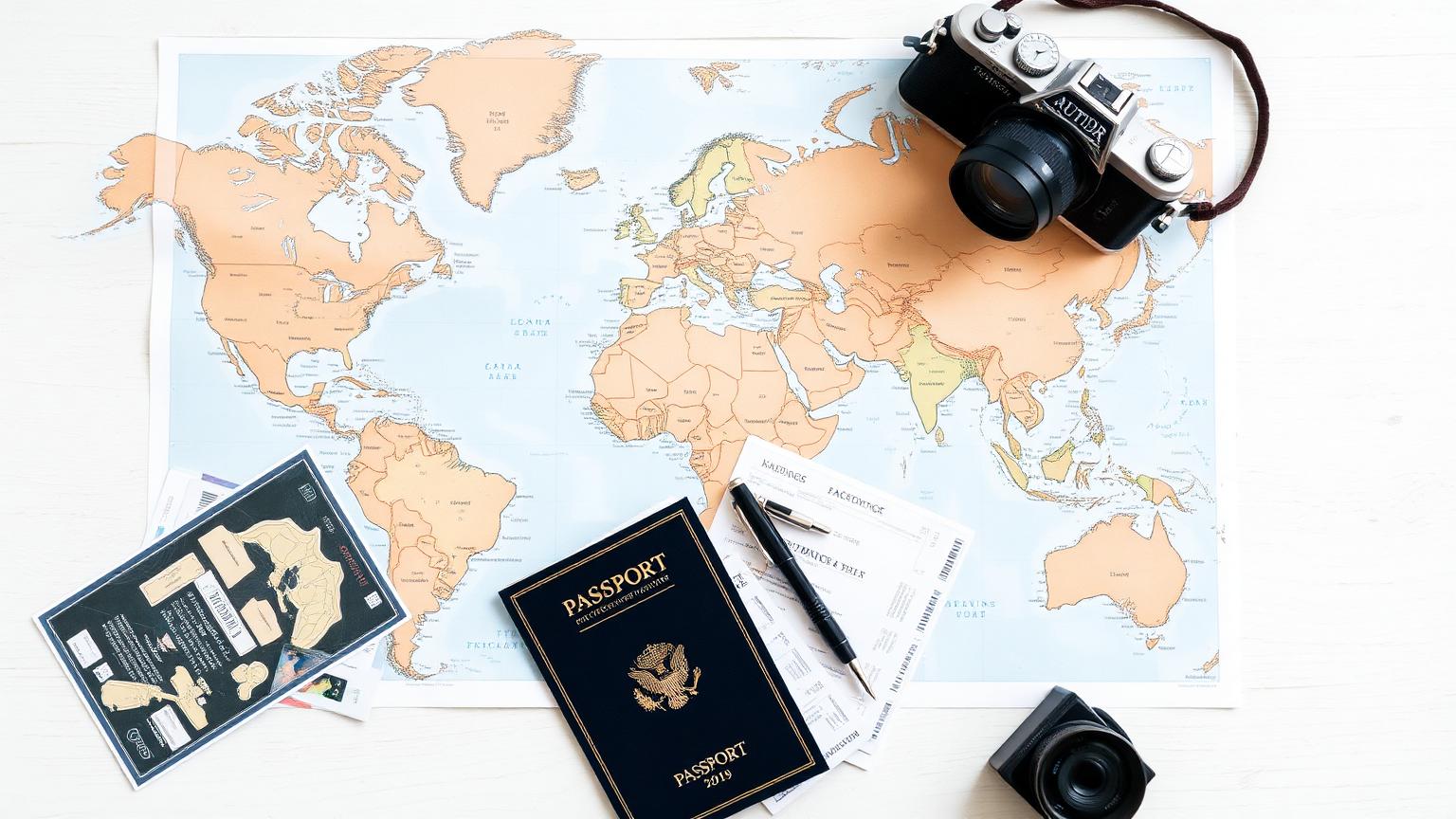 World map with passport, boarding passes, and camera on a wooden desk