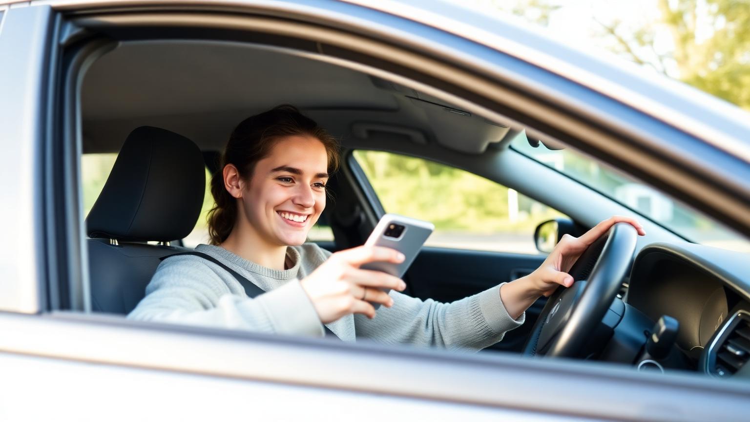 Cheerful driver checking savings on smartphone in a car
