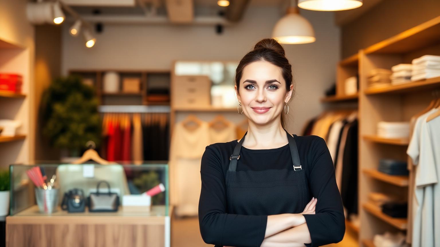 Small business owner behind the counter of a modern boutique shop