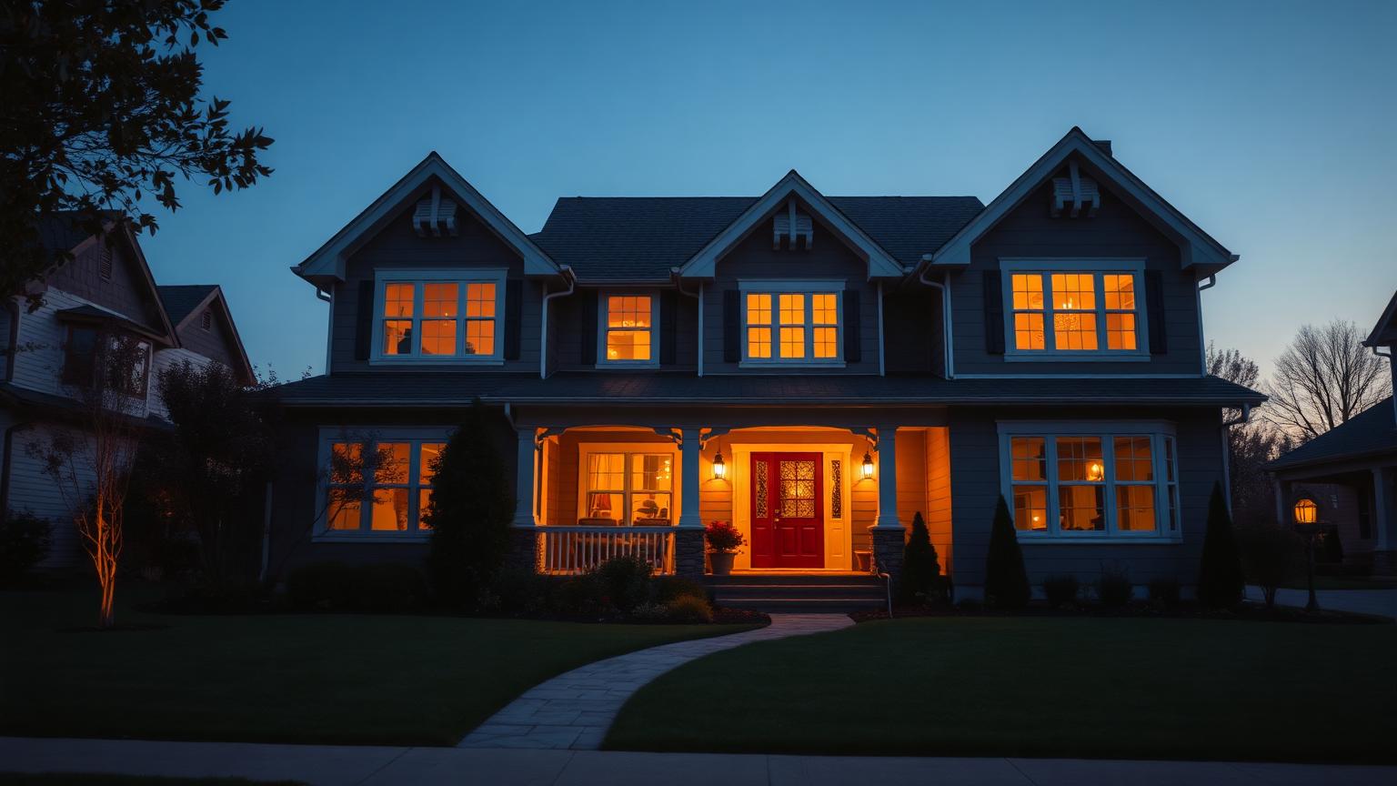 Suburban craftsman home exterior at dusk with warm interior lights