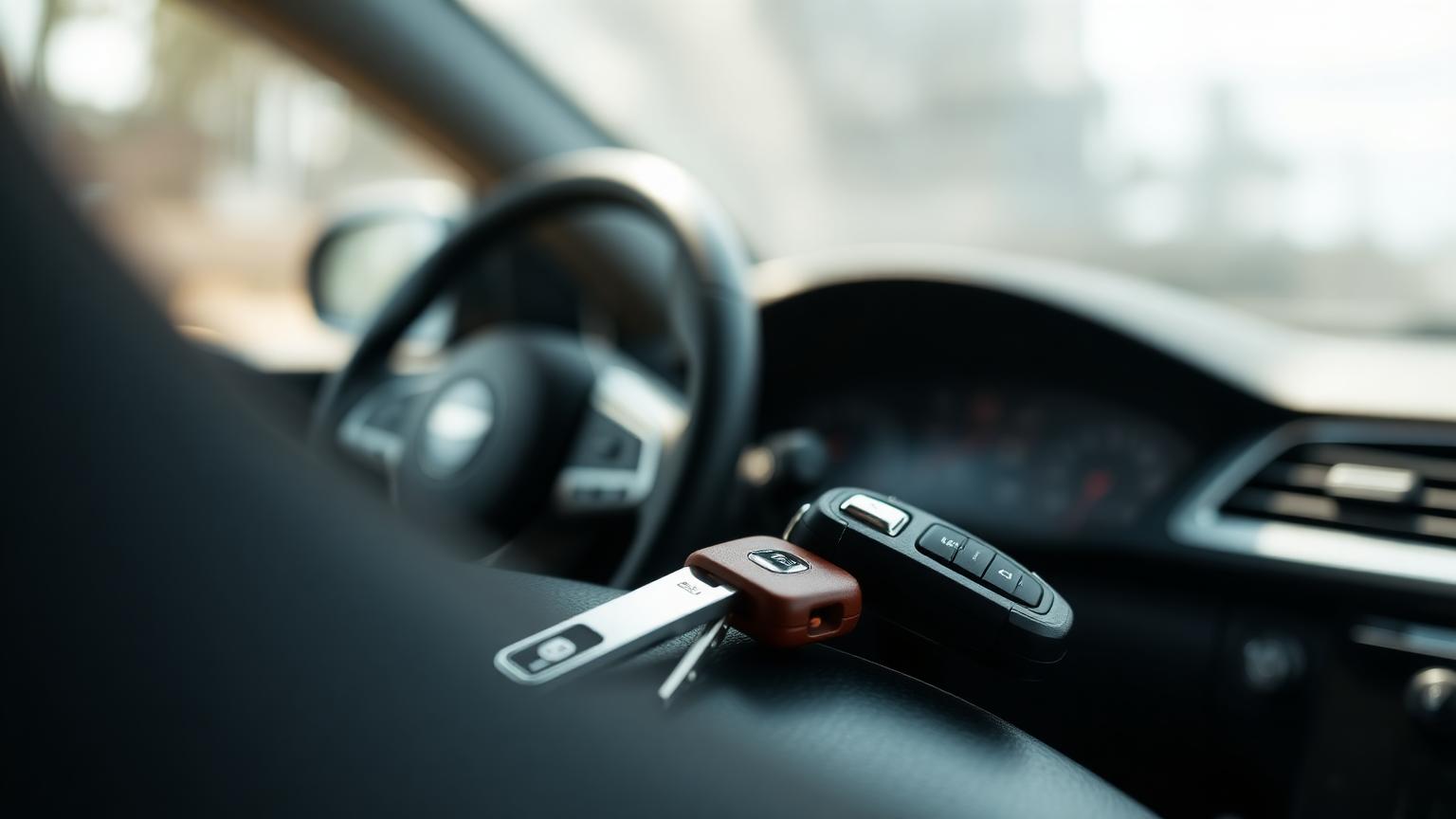 Car keys resting on the leather driver seat with dashboard visible