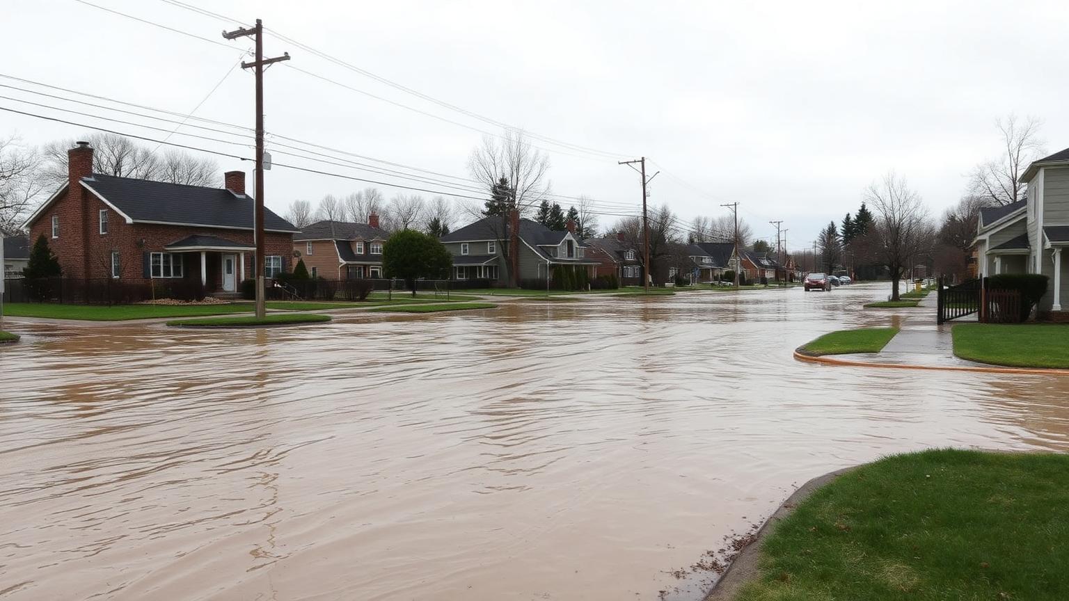 Suburban residential street partially flooded