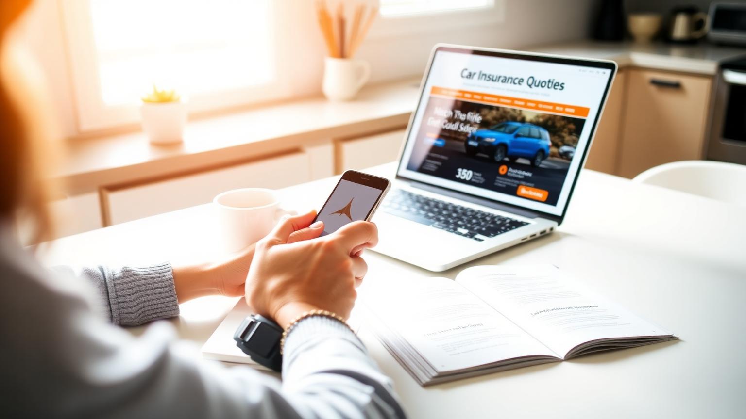 Person comparing car insurance quotes on laptop and phone