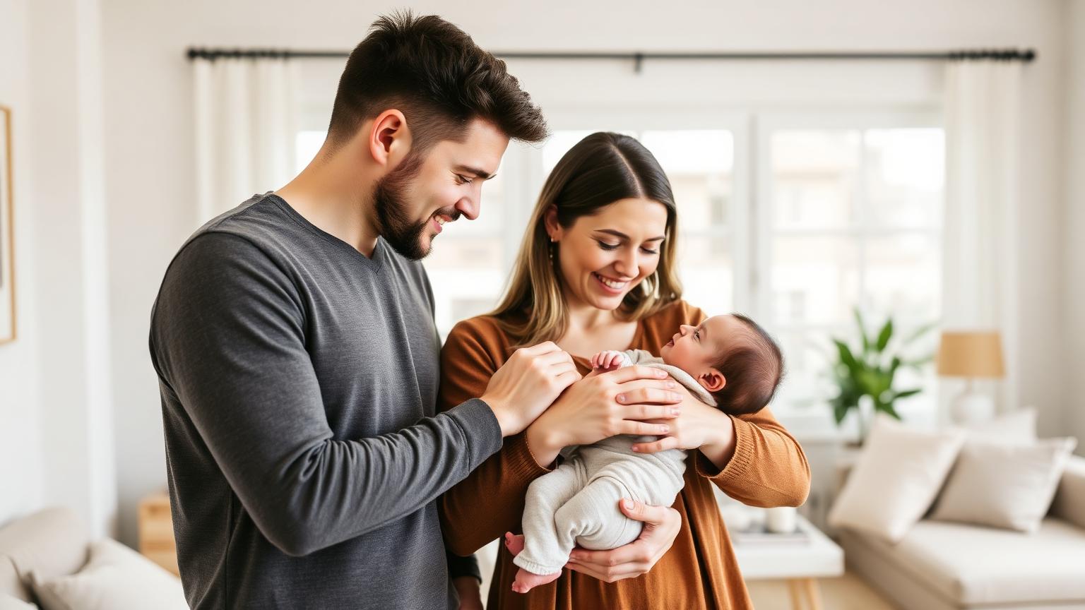 Young parents holding a newborn baby in a bright modern living room