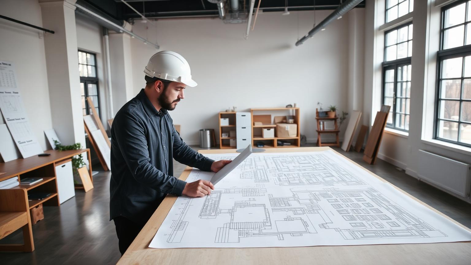 Architect reviewing blueprints at a drafting table